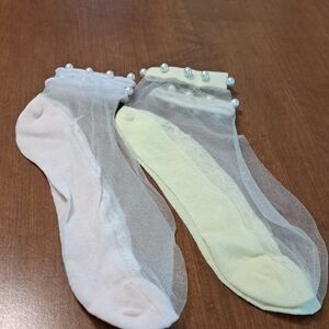 Sheer Pearl-Embellished Socks Pink & Yellow/ BUNDLE ONLY 2 OR MORE ITEMS